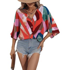SOLY HUX Women's Boho Print V Neck 3/4 Bell Sleeve Button Front Summer Blouse Top