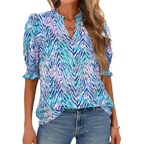 BTFBM Summer Blouses for Women Dressy Casual 2025 Spring Floral Boho Shirts V Neck Puff Short Sleeve Business Work Tops