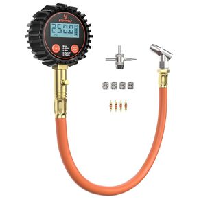مقياس ضغط الإطارات الرقمي Etenwolf T400 0-250 PSI ، ANSI B40.7 2A الدرجة عالية الدقة (زائد الـ 0.5 ٪) ، مقياس الإطارات لضغط الإطارات مع خرطوم المطاط وشاشة LCD الخلفية ، ملحقات السيارات