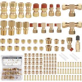 137pcs النحاس النحاس النقطية خط الفرامل مجموعة مجموعة متنوعة ، 1/4 "1/8" 3/8 "1/2" ضغط نايلون أنابيب تركيبات التشكيلة للشاحنة أو نظام الهواء الصناعي