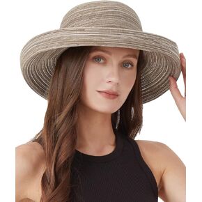 Zylioo XXL Kettle Brim Sun Hats for Women,Oversize Roll Up Straw Summer Hat with Wind Lanyard,UPF50+ Beach Travel Hat