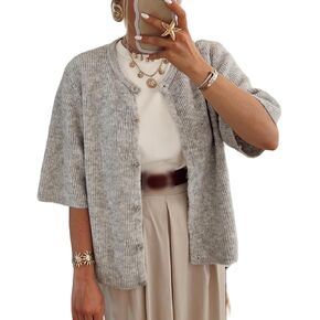 Women Lightweight Knitted Cropped Cardigan Shirt Short Sleeve Button Down Sweater Y2k Open Front Loose Ribbed Shirt