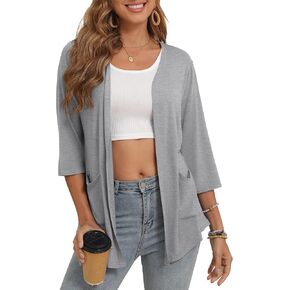 Women's 3/4 Sleeve Open Front Cardigan Casual Loose Lightweight Cardigans with Pockets
