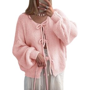 Saodimallsu Womens Tie Front Cardigan Sweaters Cute Bow Puff Long Sleeve 2024 Fall Loose Ribbed Knit Trendy Sweater Tops
