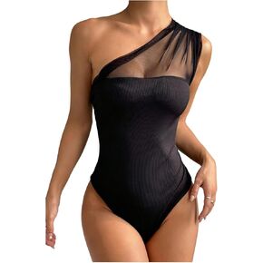 SOLY HUX Bodysuits for Women Mesh Sheer Ruched One Shoulder Sleeveless Summer Bodysuit Tops