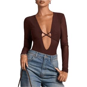 SOLY HUX Women's Deep V Neck Long Sleeve Bodysuits One Piece Leotard Party Tee Tops