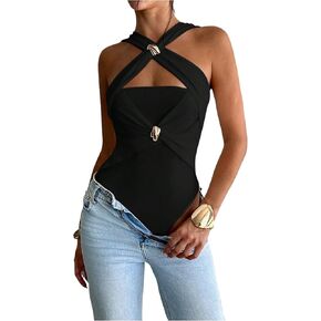 OYOANGLE Women's Metal Ring Linked Criss Cross Cut Out Bodysuits Sleeveless Fitted Body Suit Tops