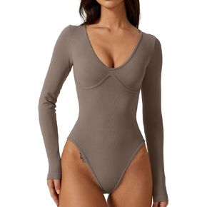 QINSEN Women's Seamless V Neck Seamed Cup Long SLeeve Bodysuit Top Stretch Unitard