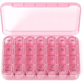منظم حبوب منع الحمل Zoksi 4 مرات في اليوم ، BPA Free Weekly Pill Boal ， علبة حبوب منع الحمل اليومية مع 28 مقصورة لعقد الأدوية وفيتامين وملحق (وردي)