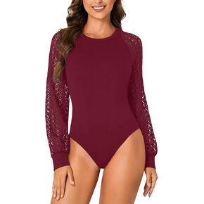 LYANER Women's Crew Neck Bodysuit Lace Hollow Out Long Sleeve Slim Fit Stretchy Leotards Tops