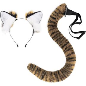 JUNBOON Handmade Faux Fur Tiger Ears Headband Long Tail Set for Halloween Cosplay Party Costume Accessories