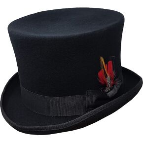 100% Wool Felt Top Hats Victorian Style Mad Hatter Tall Gentlemen Magic Hats Removable Feather (L, Black)