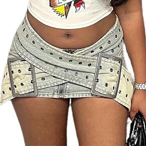 Molisry Women Cargo Skirt Bucked Belt Low Weist Slim Fit Mini Skirt Sexy Cargo Jean Skirt Club Party