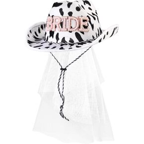 Geyoga Bridal Cowgirl Hat with Veil Cow Print Bride Hats for Wedding Western Cowgirl Bachelorette Disco Party Supplies