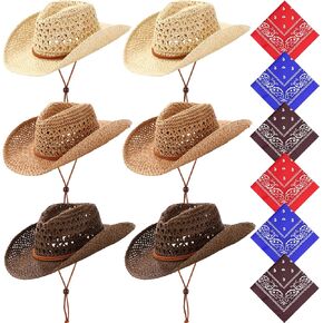 Newcotte 6 مجموعة قطر رعاة البقر القش والبصائل للنساء Western Cowgirl Beach Sun Hat Bulk مع حبل مقاوم للرياح للسفر للحفلات