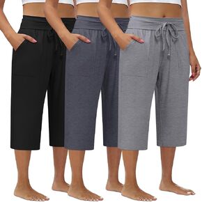 3 Pack Women's Plus Size Capri Pants, Cotton Drawstring Capris Sweatpants Casual Summer Cropped Pants with Pockets