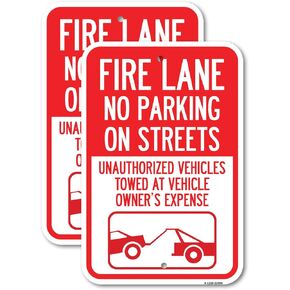 (2 Pack) Fire Lane No Parking on Street Unauthorized Vehicles Towed at Vehicle Owner's Expense (With Car Tow Graphic) | 12" X 18" Heavy-Gauge Aluminum Sign | Rust Free Aluminum, Weather Resistant