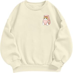 Cute Kawaii Cat Graphic Sweatshirts For Teen Girls Funny Preppy Crewneck Pullover For Women Printed Long Sleeve Tops