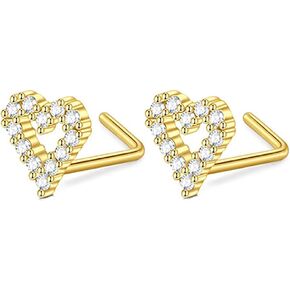2Pcs 20G L-Shaped Nose Studs Rings for Women Stainless Steel 18K Gold Plated Snake Heart Nose Rings Screws Nose Nostril Piercing Jewelry