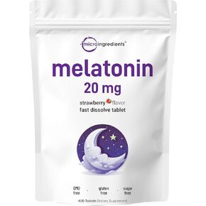 Micro Ingredients Melatonin 20mg Tablets, 400 Counts, Natural Strawberry Flavor, Fast Dissolve | No Drug, Vegetarian Friendly, Non-GMO & No Gluten