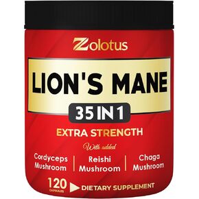 Zolotus 35 in 1 Lions Mane Mushroom Capsules Cordeyceps ، Reishi ، Elderberry ، Ashwagandha ، Panax Ginseng - 120 Count