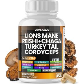 Lions Mane Mushroom ، Turkey Tail ، Chaga & Reishi ، Cordyceps Shiitake White Elm King Thereko Oyster Porcini Focus & Energy - صنع في الولايات المتحدة الأمريكية (60 كبسولة (حزمة 1))