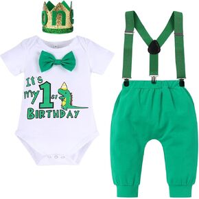 AWIBMK Baby Boys Wild ONE 1st عيد ميلاد كعكة سحق الزي ديناصور رومبير السراويل الحمالات عقال للصور الدعائم 4 قطعة