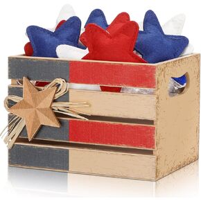 4th of July Wood Crate Patriotic Tiered Tray Decor with 9 Red White Blue Star Ornaments Tabletop Centerpiece Table Basket Box for Independence Day Memorial Day Party Supply Home Shelf