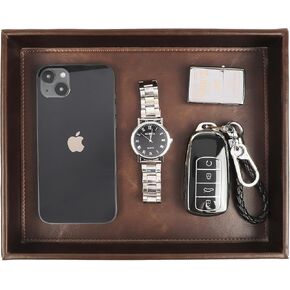 صينية الغرور الزخرفية الجلدية ، منظم تخزين سطح المكتب ، صينية Catchall ، صينية صف السيارات ، صينية منظم منظمي أو منظم الملابس لتغيير الرجال ، المفتاح ، الهاتف ، النظارات (بنية)
