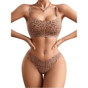 SOLY HUX Women's 6 Piece Lingerie Set Leopard Print Seamless Wireless Bra and Thong Panty Sets