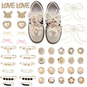 44Pcs Shoe Charms For Sneakers Pearl Shoes Lace Charm For Women Cute Ribbon Laces Bows Rhinestone Love Jewelry Shoe Accessories Pins Clips For Socks Clothes Bags Hats Decoratin