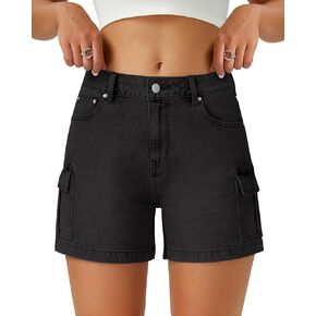 Womens Cargo Jean Shorts High Waisted Microelastic Straight Leg Long Denim Mom Shorts
