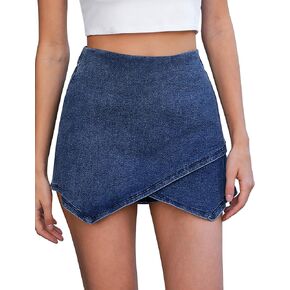 Vetinee Jean Skorts for Woman High Waisted Pull On Elastic Waist Wrap Asymmetrical Stretch Denim Skort Skirt with Shorts