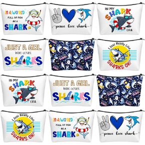 Sweetude 12 Pcs Funny Shark Gifts for Women Makeup Bag Cute Sharks Themed Cosmetic Bags Portable Travel Toiletry Pouch with Zipper Gifts Accessories for Women Girls Ocean Lover
