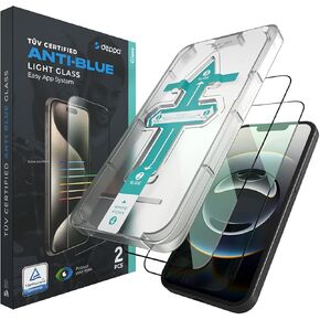Deppa |2 Pack| Eye Safeguard TÜV Certified Anti-Blue Light Screen Protector for IPhone 13 Pro/13/14 (6.1') Tempered Glass Edge to Edge Full Cover with Easy Installation Kit Tray