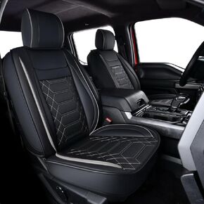 أغطية مقاعد جلدية من RisingStar F150 ، تناسب 2015-2025 F150 Supercrew ، و 2017-2025 F250 F350 F450 Super Duty CREW CAB (مجموعة كاملة ، أسود ورمادي)