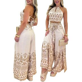 CHICME Women 2 Piece Outfits Tribal Print Sleeveless Criss Cross Crop Top and Casual Slit Wide Leg Pants Set