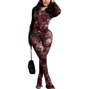 acelyn Women Sexy Two Piece Outfits Mesh Printed Bodycon Flared Pants Sets Club Going Out Birthday Outfits in Saudi Arabia