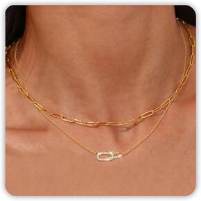 Paperclip Chain Necklace 14K Gold Paper Clip Necklace for Women Non Tarnish with Open Oval Zircon Pendant, Dainty Layered Choker as Gold Jewelry Set for Her Trendy Jewelry Summer Gifts