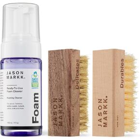 Jason Markk Quick Clean Kit Shoe Cleaner وفرشاة تنظيف قياسية ، مجموعة من 3 قطع ، رغوة جاهزة للاستخدام ، شهية وفرشاة قياسية ، رعاية حذاء رياضة ، مثالية للأحذية