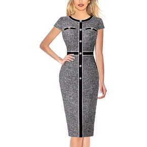 VFSHOW Womens Buttons Patchwork Work Business Office Party Bodycon Pencil Grash Dress