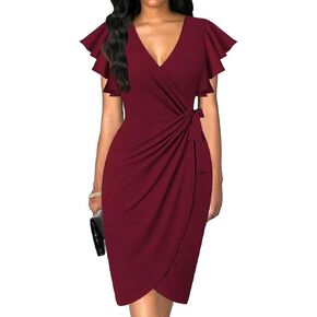 Womens Deep V Neck Ruffle Sleeve Sheath Cocktail Party Work Faux Wrap Dress Fashion Outfits