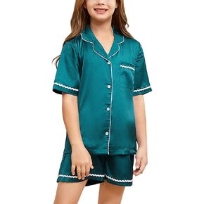 Jxstar Girls Boys Satin Pajamas Sets Kids Button-Down Silk PJS Lounge Sets Sleepwear