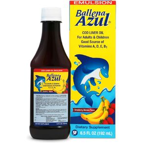 Ballena Azul Aceite de Hígado de Bacalao para Adultos y Niños, COD Liver Oil for Adults and Children, Source of Vitamins A,D,E, B1, Dietary Supplement, Omega 3,Inmune System Boost(Strawberry Banana)