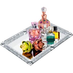 Crystal Dresser Tray, Mirror Glass Makeup Vanity Organizer Filled Crushed Diamond, 10" x 10" Round Jewelry Trinket Perfume Tray for Bathroom Bedroom, Home Decor, Hotel Banquet, Party (Silver)
