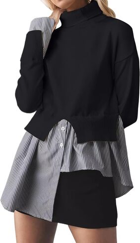 Missactiver Women Slit Turtleneck Patchwork Sweater 2 في 1 أزرار لأسفل سحب سترة متماسكة قميص HEL غير المتماثل أعلى in Kuwait