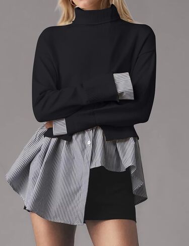 Missactiver Women Slit Turtleneck Patchwork Sweater 2 في 1 أزرار لأسفل سحب سترة متماسكة قميص HEL غير المتماثل أعلى in Kuwait