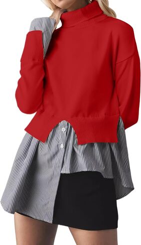 Missactiver Women Slit Turtleneck Patchwork Sweater 2 في 1 أزرار لأسفل سحب سترة متماسكة قميص HEL غير المتماثل أعلى in Kuwait