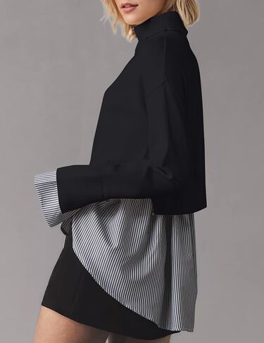 Missactiver Women Slit Turtleneck Patchwork Sweater 2 في 1 أزرار لأسفل سحب سترة متماسكة قميص HEL غير المتماثل أعلى in Kuwait