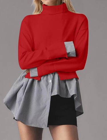 Missactiver Women Slit Turtleneck Patchwork Sweater 2 في 1 أزرار لأسفل سحب سترة متماسكة قميص HEL غير المتماثل أعلى in Kuwait
